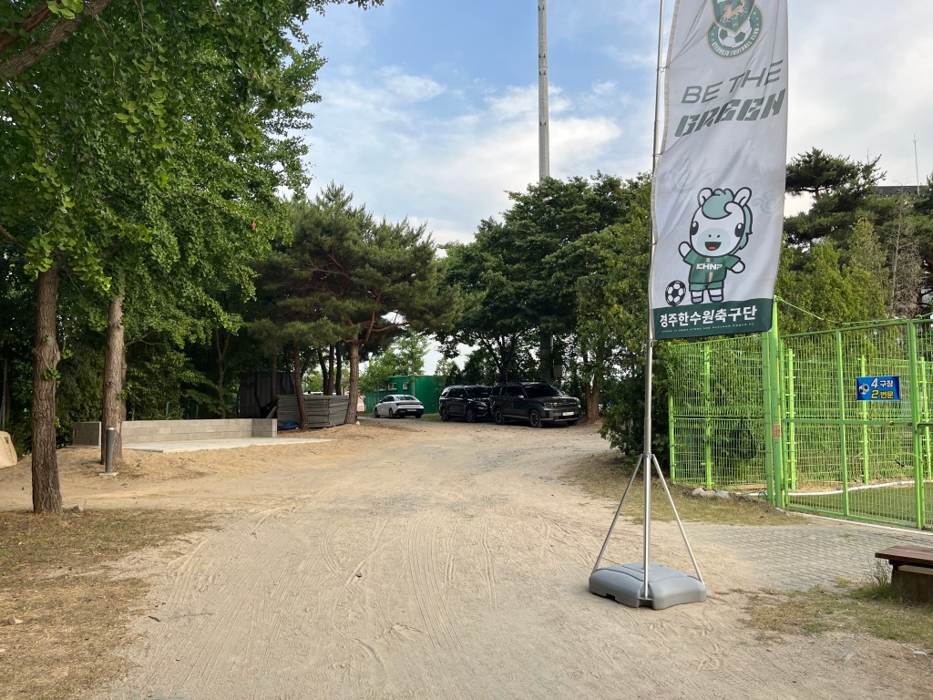 A dusty path through wooded parkland with the corner of a football pitch visible to one side. Next to the path is a flagpole with a banner showing a cartoon horse wearing football kit and waving.